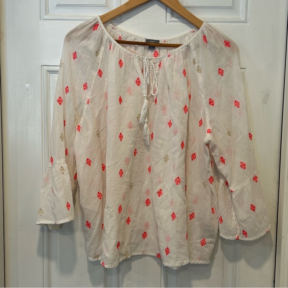Aerie White Embroidered Peasant Top 3/4 Bell Sleeve Cotton, Romantic, Boho, XL